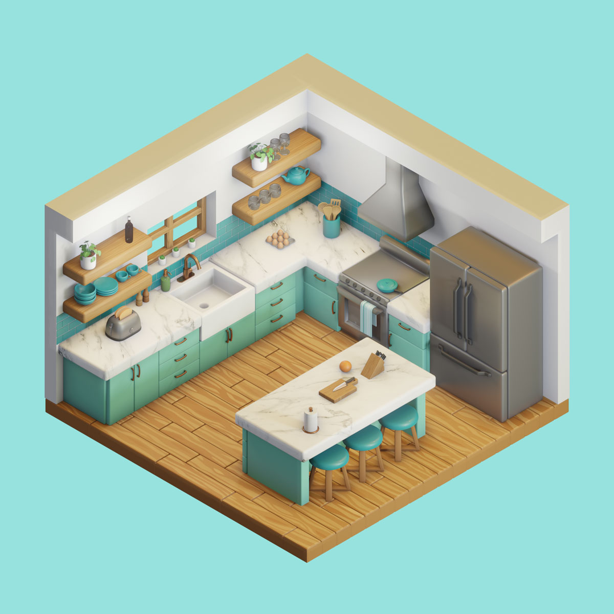 Modeling, texturing and rendering of a stylized kitchen